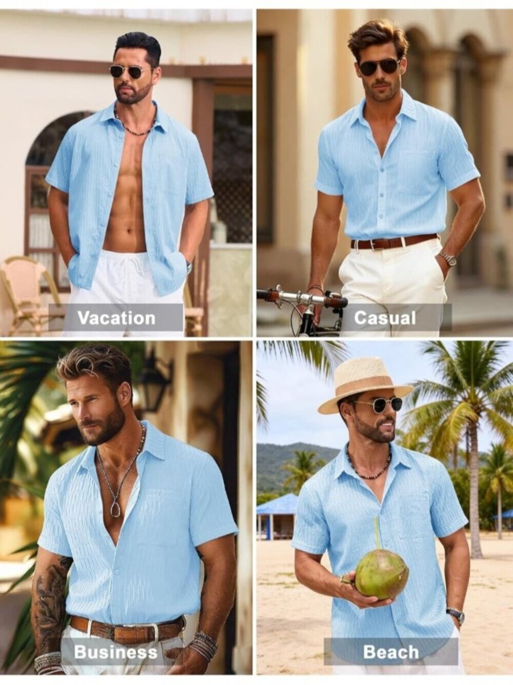 Men's Sky Blue Short Sleeve Casual Textured Polyester Button Down Shirts - Picture 5 of 6